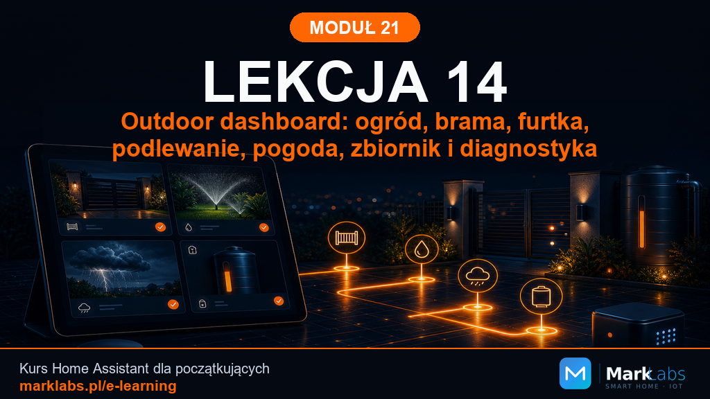Outdoor dashboard: ogród, brama, furtka, podlewanie, pogoda, zbiornik i diagnostyka