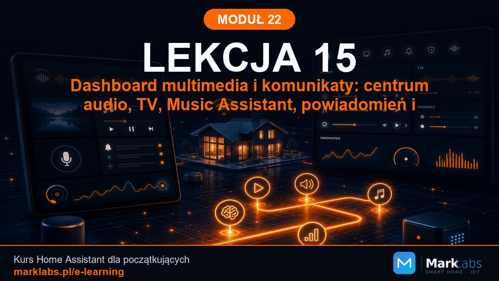 Dashboard multimedia i komunikaty: centrum audio, TV, Music Assistant, powiadomień i diagnostyki