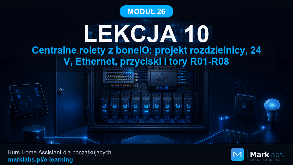 Centralne rolety z boneIO: projekt rozdzielnicy, 24 V, Ethernet, przyciski i tory R01-R08