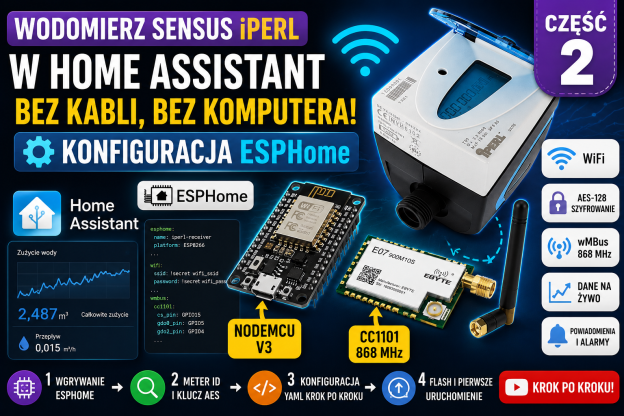 Wodomierz iPerl ESPHome YAML — Meter ID, klucz AES i wgrywanie [Część 2]