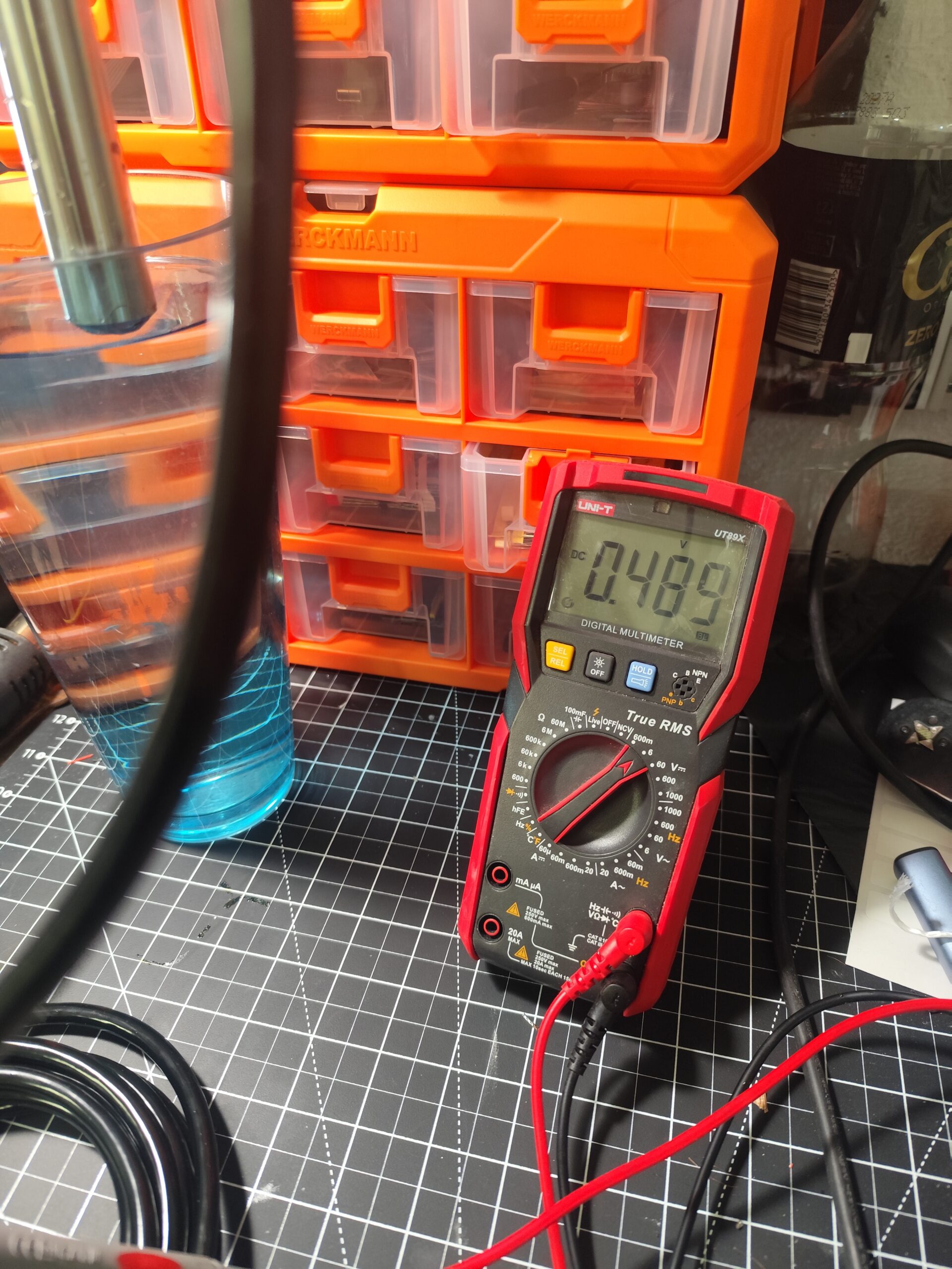 Multimeter and prototype wiring used to test the TL-136 4–20 mA water level sensor